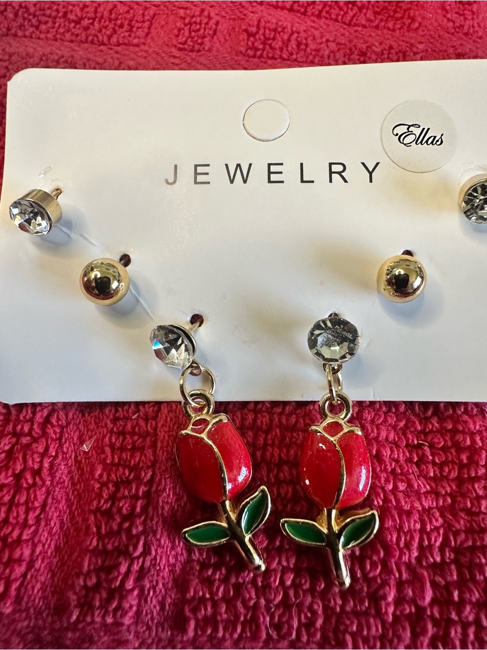 Ella Red Rose Dangle Earrings with Gold Accents